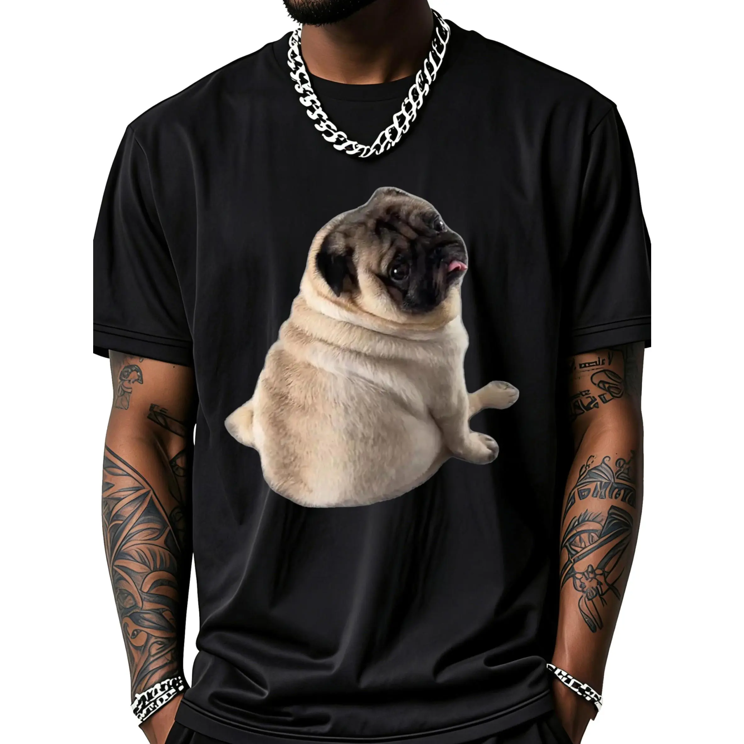 Fat Pug Dog Sitting On Black Tshirt T-Shirt Unisex Clothing Streetwear
