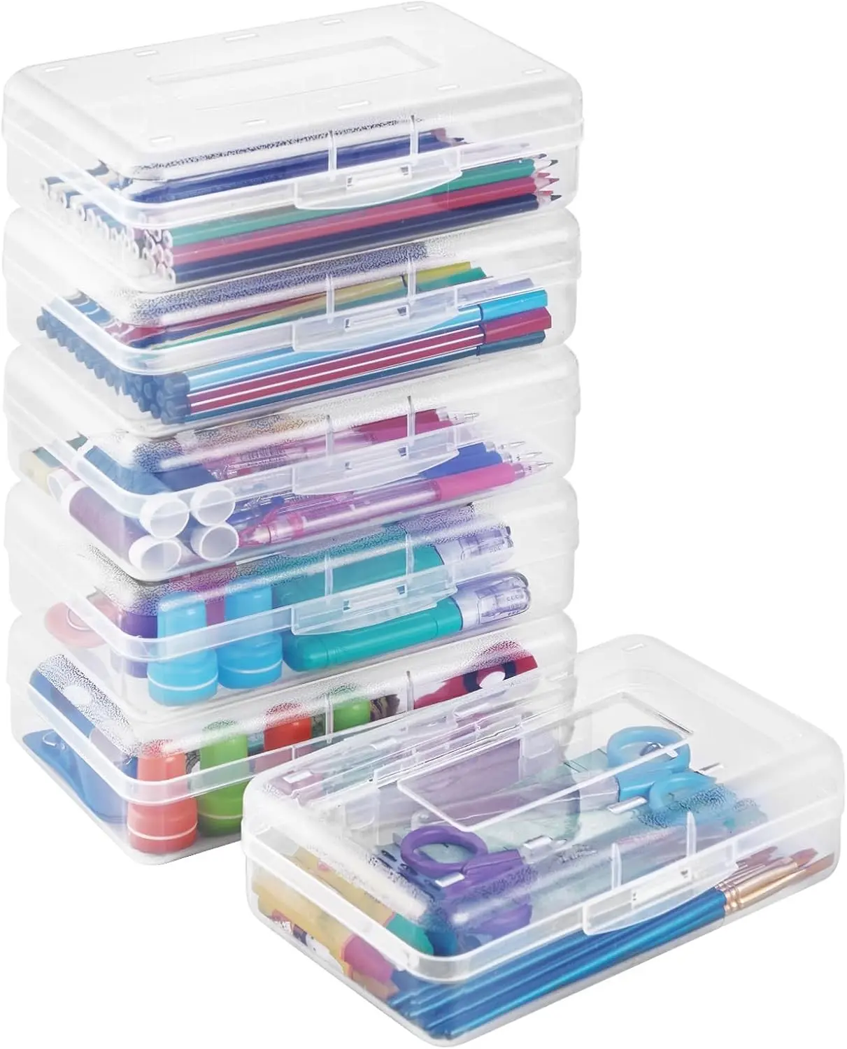 Sooez Plastic Pencil Case Box 6 Pack, Large Crayon Maker Pen Organizer, Plastic Containers with Snap Lids, Stackable Craft Storage Boxes Bulk, School Supplies Art Box for Bead, Clear Gift
