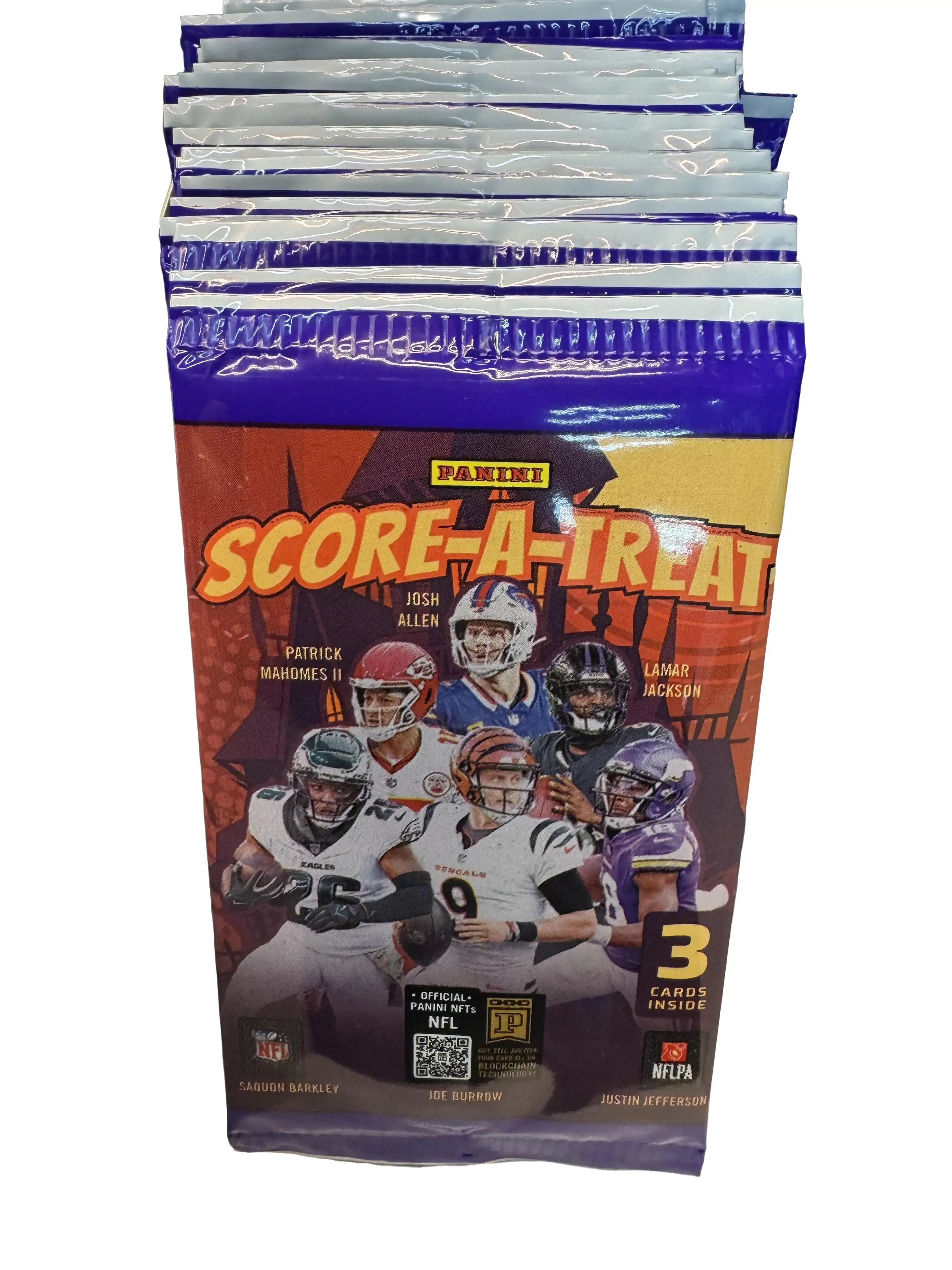 Panini Score-A-Treat 2025 Pack - Collectible Football Trading Cards with 3 Cards Inside - Official NFL Product Featuring Patrick Mahomes & Lamar Jackson