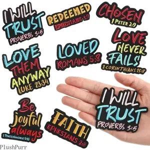 8/9 Pcs Bible Verse Embroidered Iron on Patches 3 Inch Motivational Religious Christian Sew on Applique Patches for Hat Backpack Jacket Clothes DIY Accessories Decorations Lettered Embroidery Geometric Girl Set Fall Outfits Backpacks School