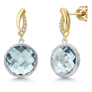 Gem Stone King 925 Silver and 10K Yellow Gold Sky Blue Simulated Aquamarine and Lab Grown Diamond Dangle Earrings for Women | 13.45 Cttw | Gemstone March Birthstone | Round 12MM
