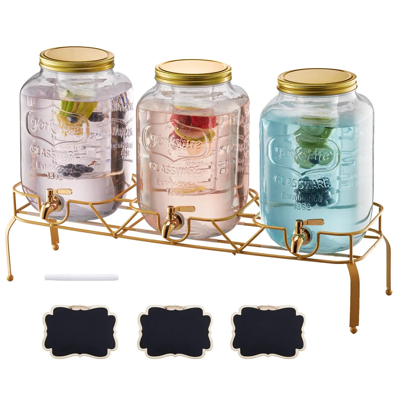 【Summerfinds】VEVOR Beverage Dispenser, 3 Pack 2 Gallon Drink Dispensers for Parties, Glass Juice Dispenser with Metal Stand, Stainless Steel Spigot, Infuser, Iced Tea Lemonade Juice Water Dispensers for Parties Fruit Jugs