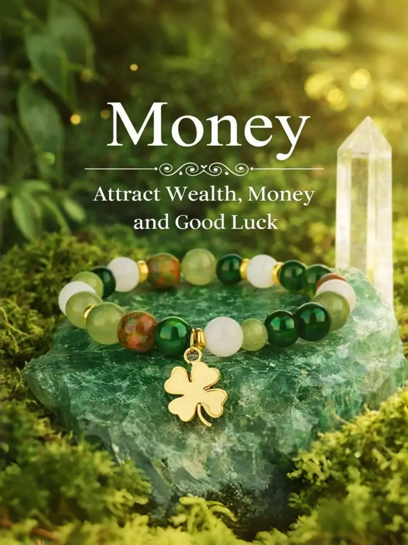 Four Leaf Clover Lucky Stretch Bangle Bracelet for Women - Green & White Gemstone Beaded Stretch Wristband with Gold Charm - Spiritual Healing Crystal Jewelry for Good Luck & Wealth Gifts（Free Gift Bag）