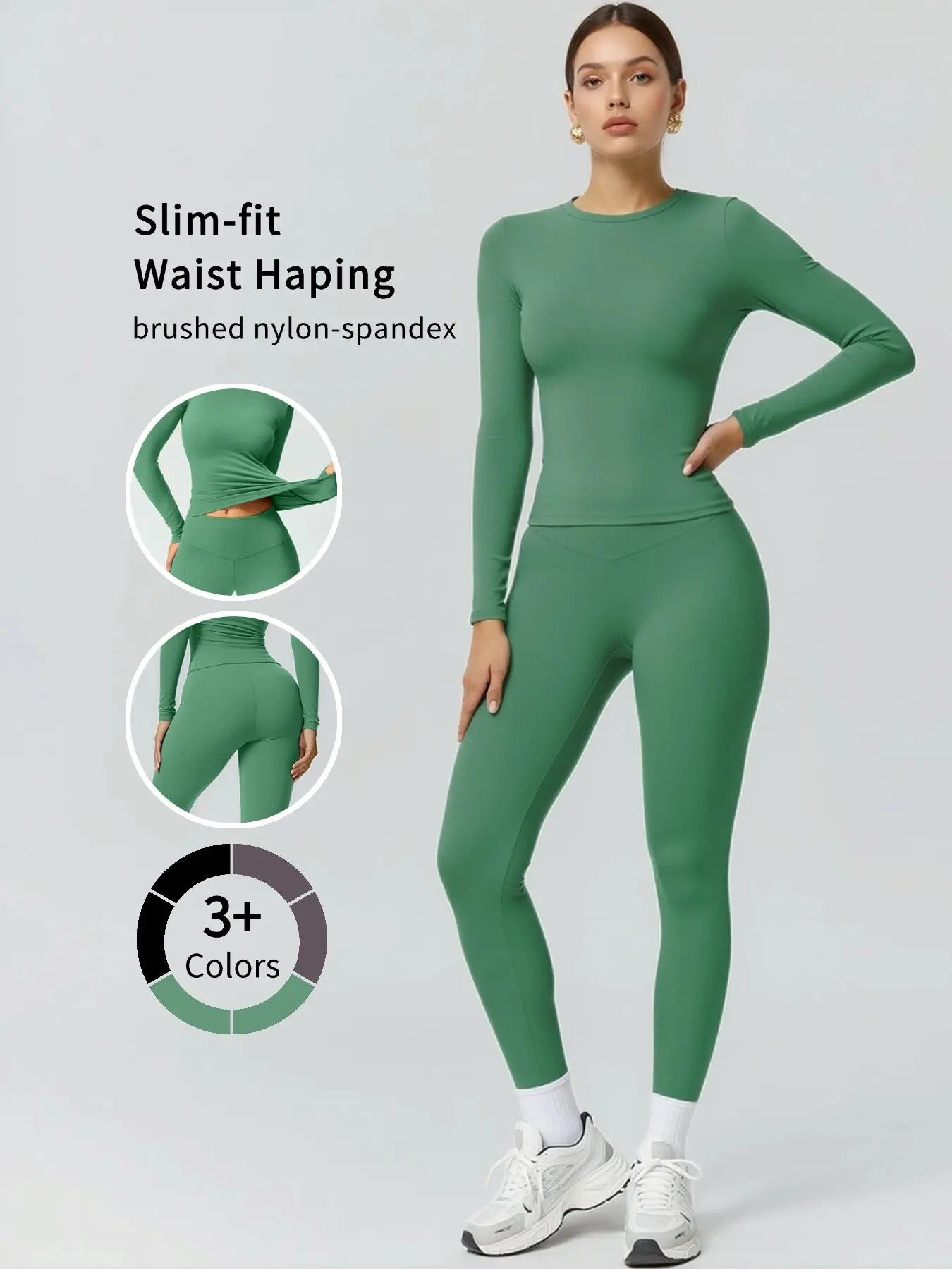 Women's High Elastic Brushed 2-Piece Matching Activewear Set - Crew Neck Long Sleeve Top, Butt Lifting Leggings, Sporty Sports Clothing Sets for Yoga, Workout