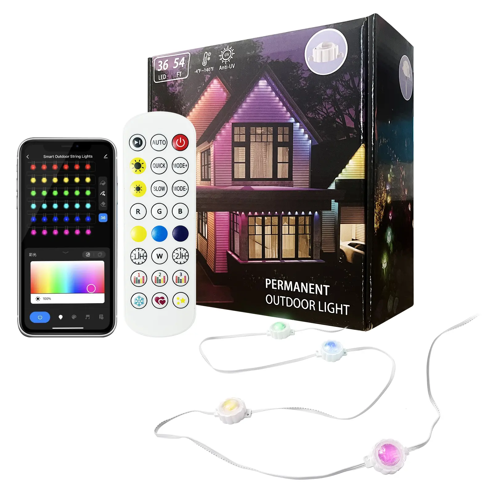 Small Light Permanent Outdoor Lights for House,100Feet RGB+IC Smart Outdoor Decor, 50 Scene Modes, App/Remote Control, IP68 Waterproof, for Christmas, Holiday, Daily & Pool Party Decor (50Feet)