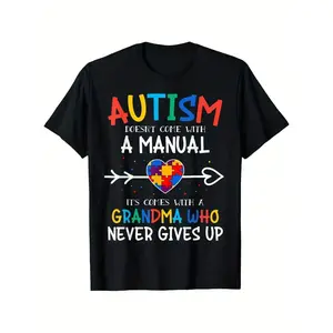 Autism Doesn't Come with a Manual Grandma T-Shirt - Inspirational Puzzle Piece & Heart Design, Unisex Casual Tee, Slightly Elastic Round Neck, Machine Washable, Sizes S-XXXL, Everyday Tshirt Round Neck  double print  cadena  de  mr  stiven