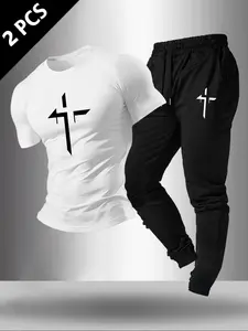 Men's Cross Pattern Print Set, Knit Stretch Round Neck T-Shirt + Drawstring Casual Long Pants, Outdoor Wear 2-Piece Set, All Seasons