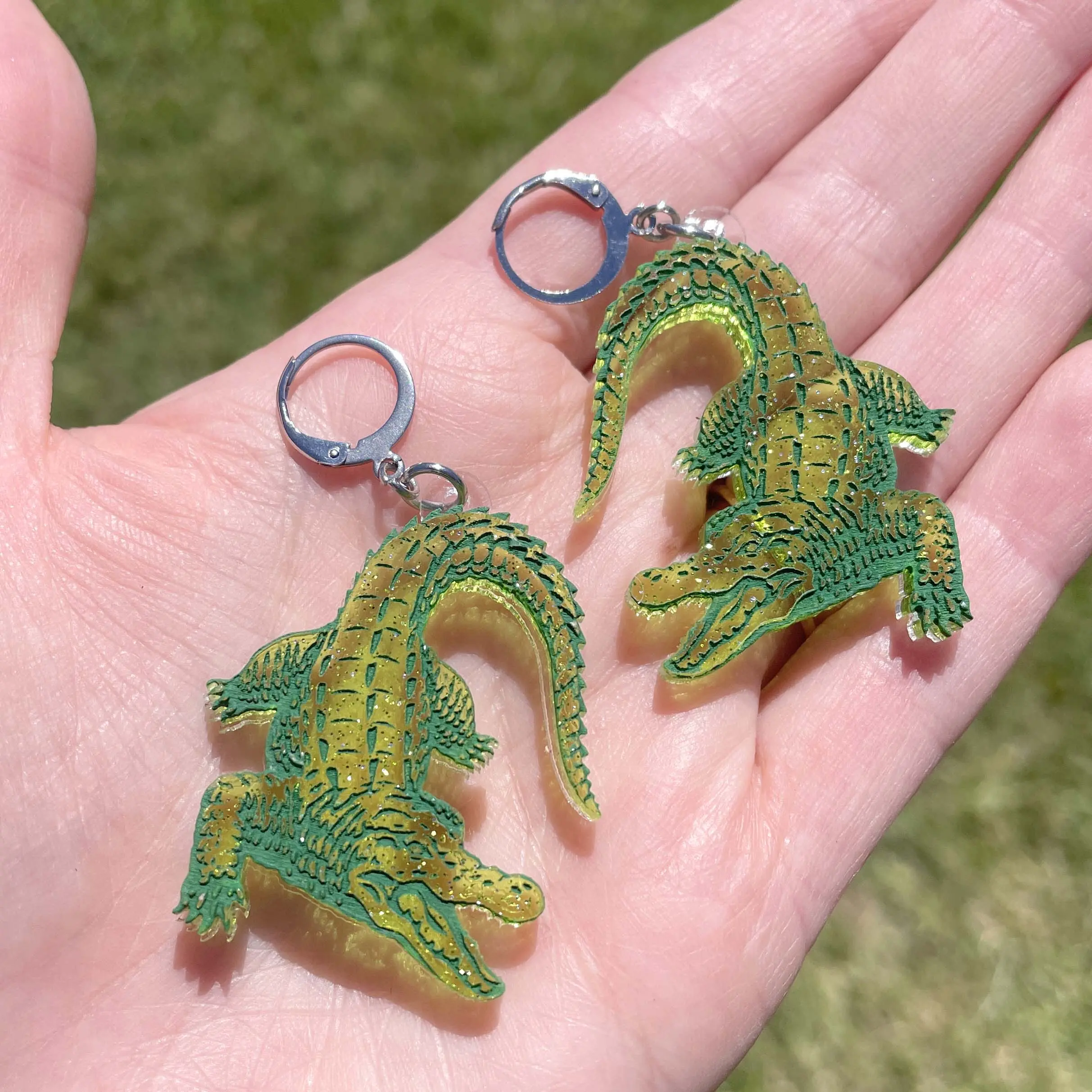 Smaller Size Green Glitter Crocodile Acrylic Earrings Handmade Jewelry Fashionable Jewelry