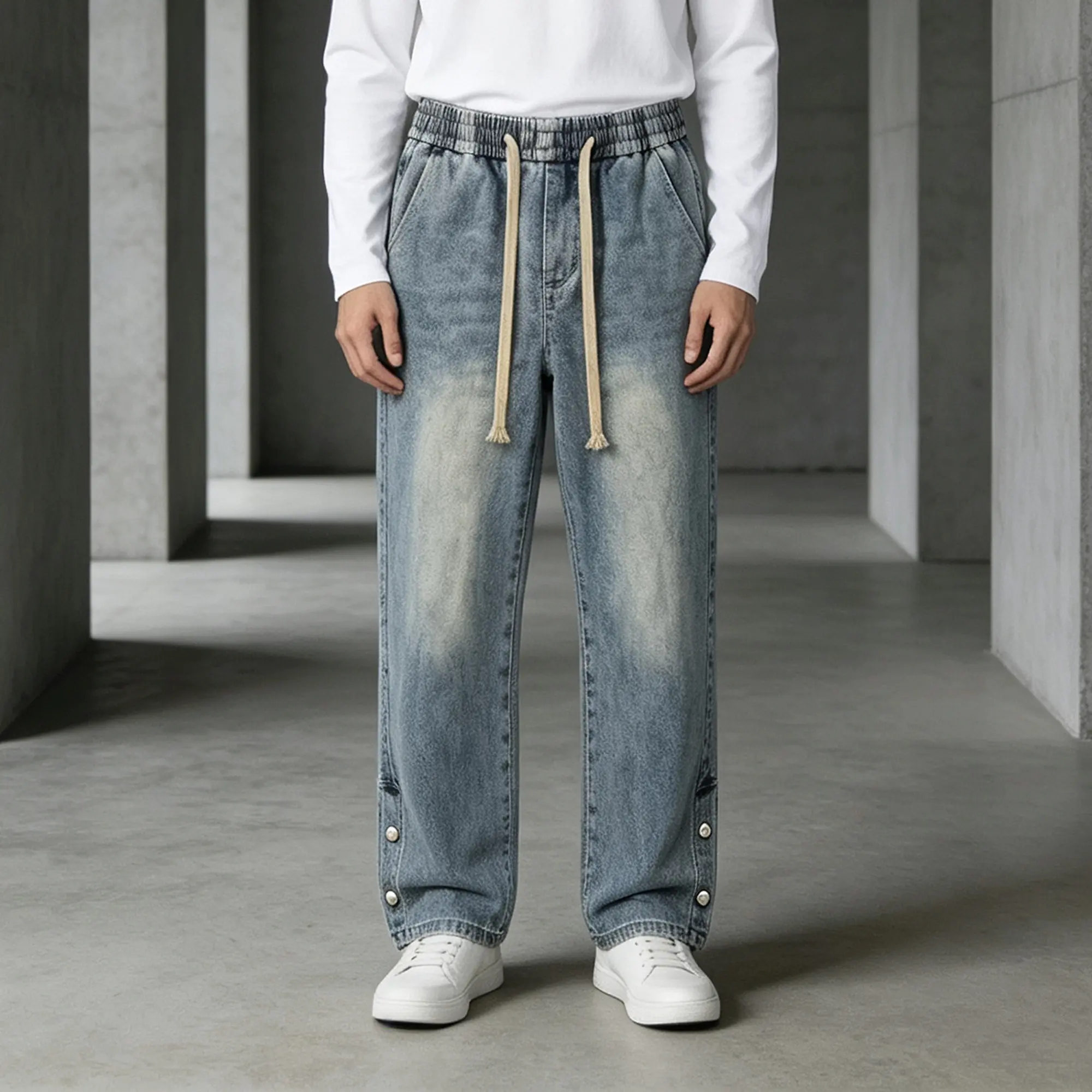 Men’s vintage wash baggy jeans with side button — nonstretch denim pants with drawstring and wide legs, Y2K streetwear trousers. Streetwear #BaggyJeans #Y2KFashion #TikTokMadeMeBuyIt