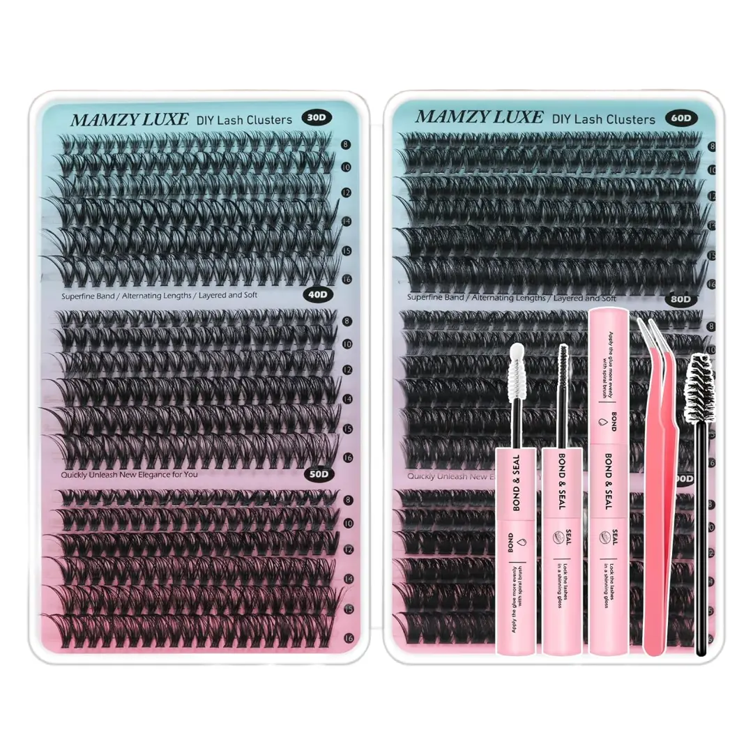 Lash Clusters Kit 708Pcs Individual Cluster Lash Extensions Kit 30D+40D+50D+60D+80D+100D Wispy Eyelash Clusters with Lash Bond and Seal and Tweezers 10-16mm 6 Styles Mix Lashes Clusters Kit