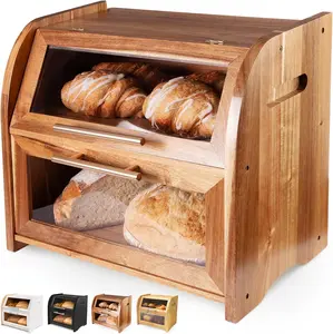 Arise Stylish Acacia Bread Box for Kitchen Countertop,  2-Shelf Wooden Bread Storage Container with Clear Windows and Air Vents Keep Bread, Bagels and Rolls Fresh, Self Assembly
