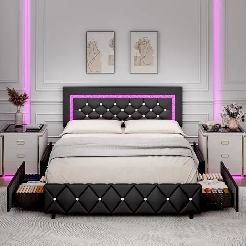 HOMBCK Queen Bed Frame - Modern Upholstered Floor Bed Frame for Bedroom Furniture, Diamond Pattern Headboard & Footboard, Soft Pad, Space-Saving Drawers, Wooden Slats, Phone-Set Lighting, No Mattress/Box Spring Needed