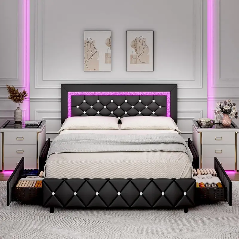 HOMBCK Queen Bed Frame - Modern Upholstered Floor Bed Frame for Bedroom Furniture, Diamond Pattern Headboard & Footboard, Soft Pad, Space-Saving Drawers, Wooden Slats, Phone-Set Lighting, No Mattress/Box Spring Needed