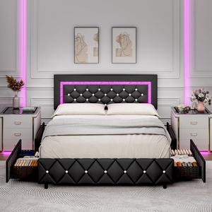 HOMBCK Bed Frame with LED Lights, No mattress, Upholstered Morden Bed Frame with Storage Drawers, Diamond Headboard and Footboard, No Box Spring Needed Furniture