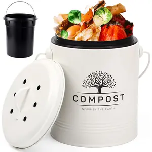 1.3 Gallon Countertop Kitchen Compost Bin With Lid, Indoor Compost Bucket Includes Inner Bucket Liner and Carbon Filter, Small Compost Bin Cream (Without Bags)