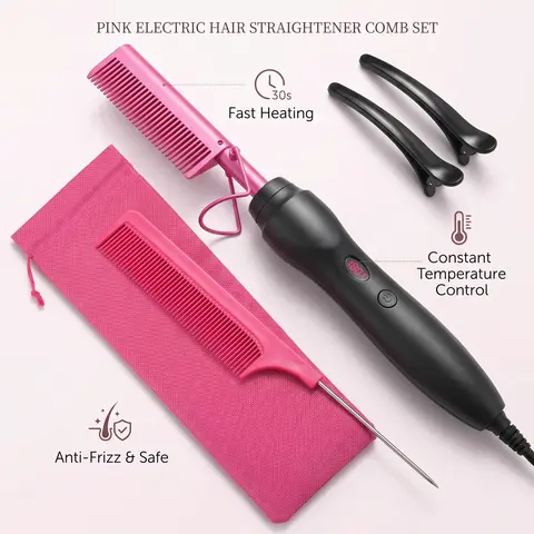 Electric Heated Wig Styling Hot Comb - Comb Heated Straightener, 440W Hair Tools, US Plug, 3 Adjustable Heat Settings, Even Ceramic Heating, Lightweight Smoothing, Edges & Roots Care for Black Natural Curly Hair (Silk Press, Home Wig Installs)