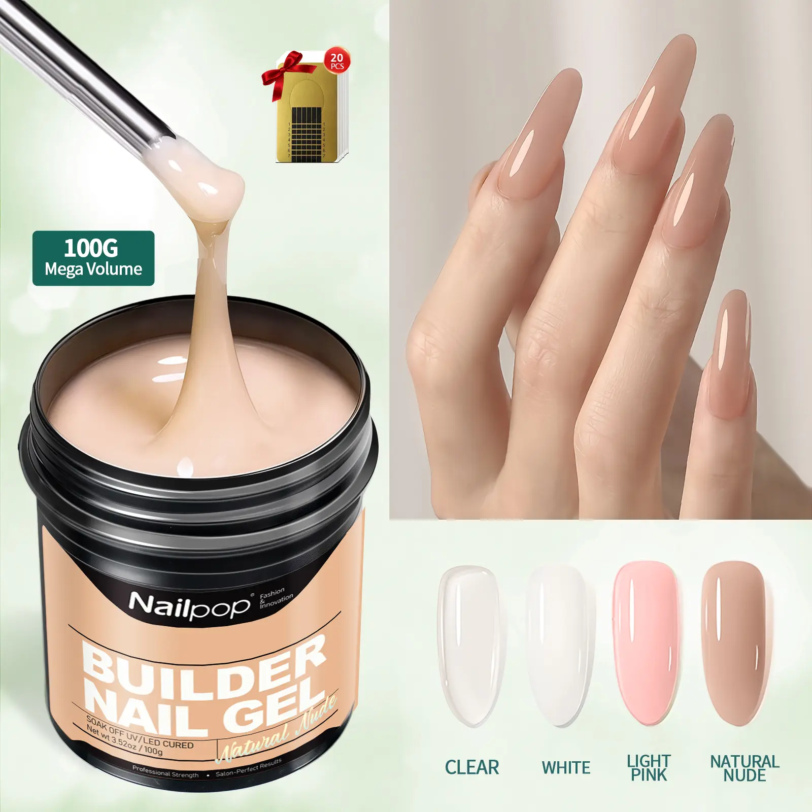 100g 5-in-1 HEMA-Free UV LED Builder Gel Nail Polish, Smooth Beauty Product with Self-Leveling Brush-On Hard Gel for Nail Extension, Apex Building, French Tips (Salon & Beginner Use), Manicure