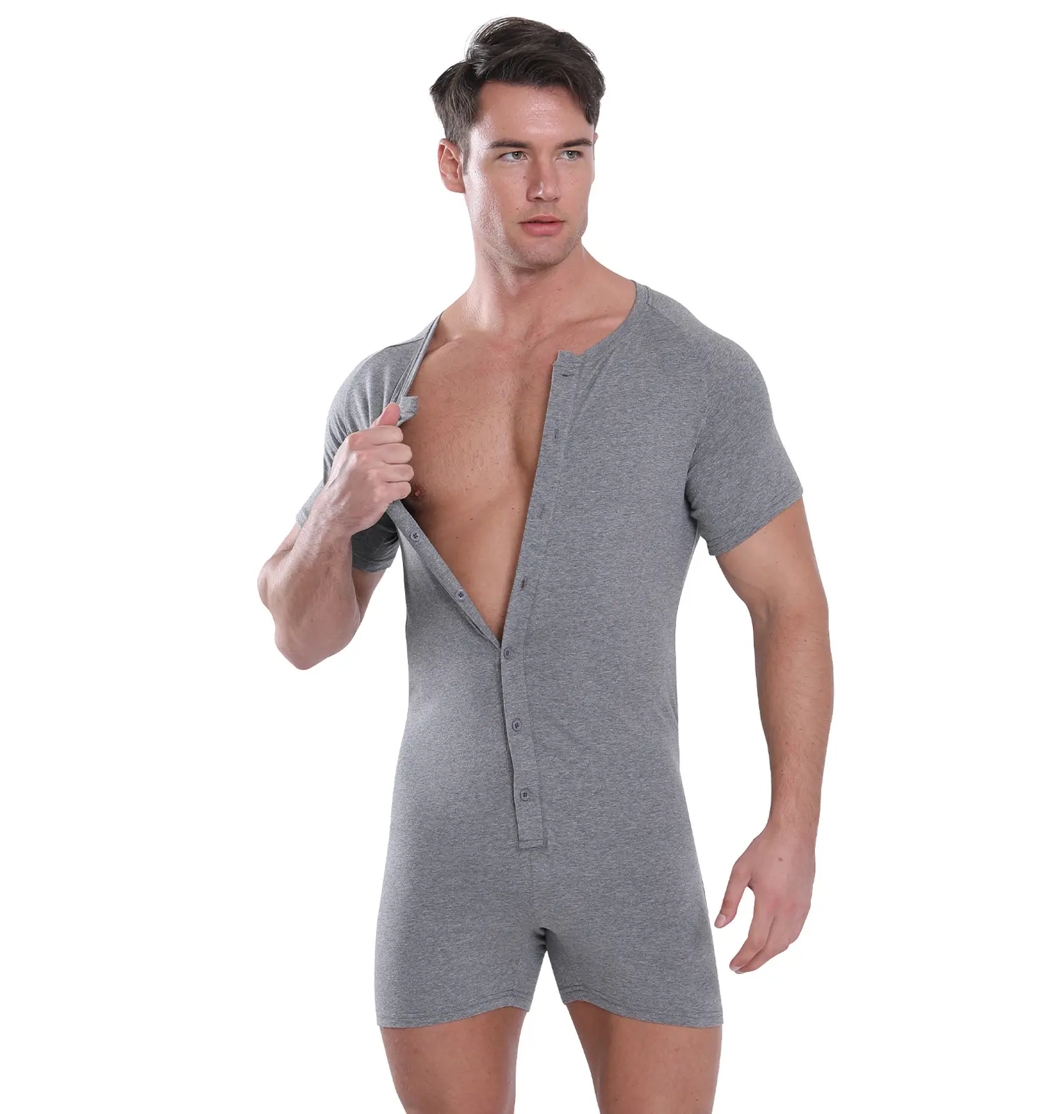 Landofgenie Men's Cotton Short-Sleeve Henley Jumpsuit - 1-Piece Pajamas Romper Bodysuit, Soft Breathable Spandex Sleepwear Loungewear with Classic Stylish Loose Fit