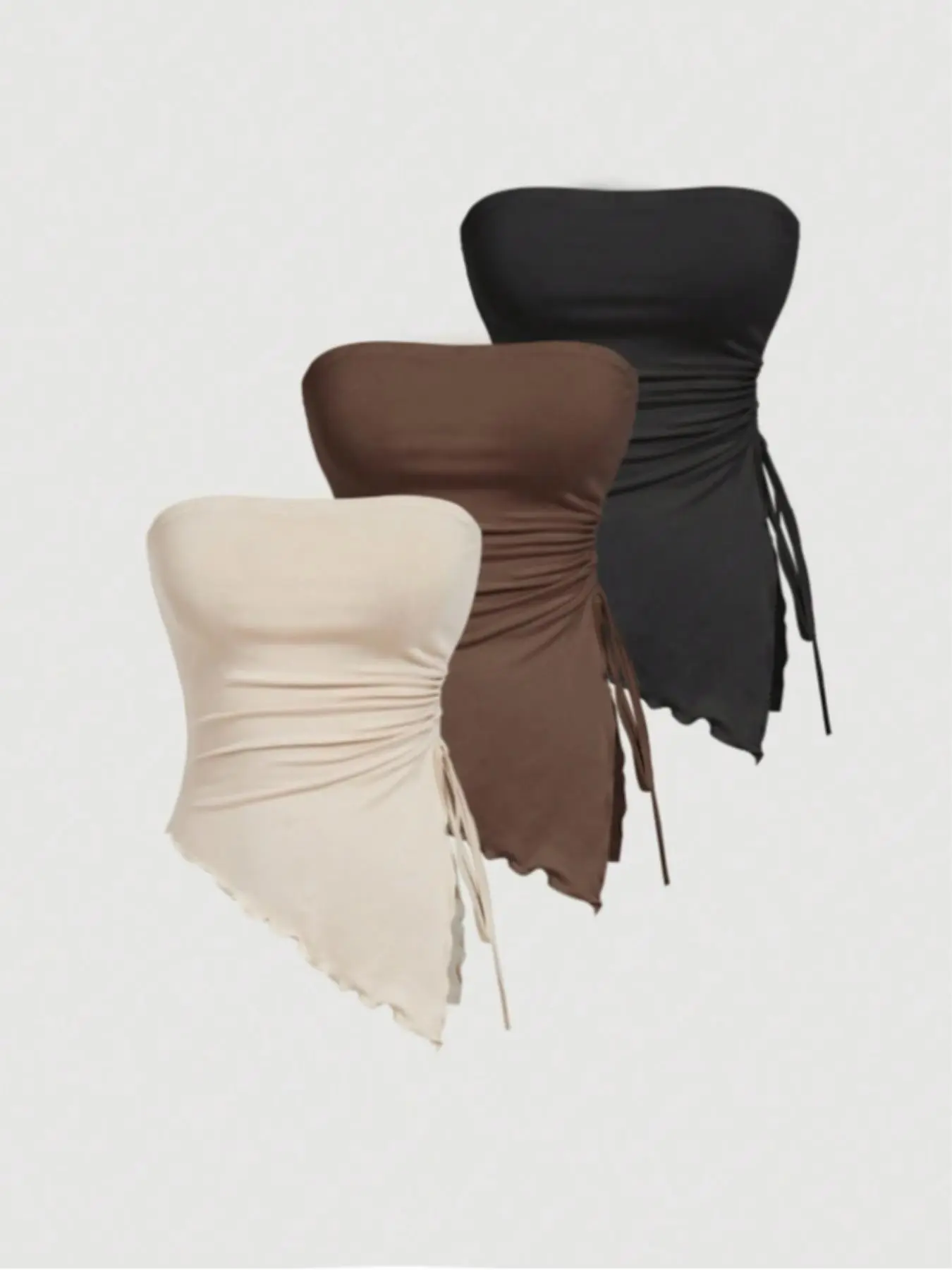 Women's 3-Piece Drawstring Shoulderless Top Set, Casual Fashion Sleeveless Blouse, Comfortable & Stylish Design for Daily Wear