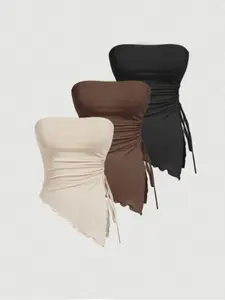 Women's 3-Piece Drawstring Shoulderless Top Set, Casual Fashion Sleeveless Blouse, Comfortable & Stylish Design for Daily Wear