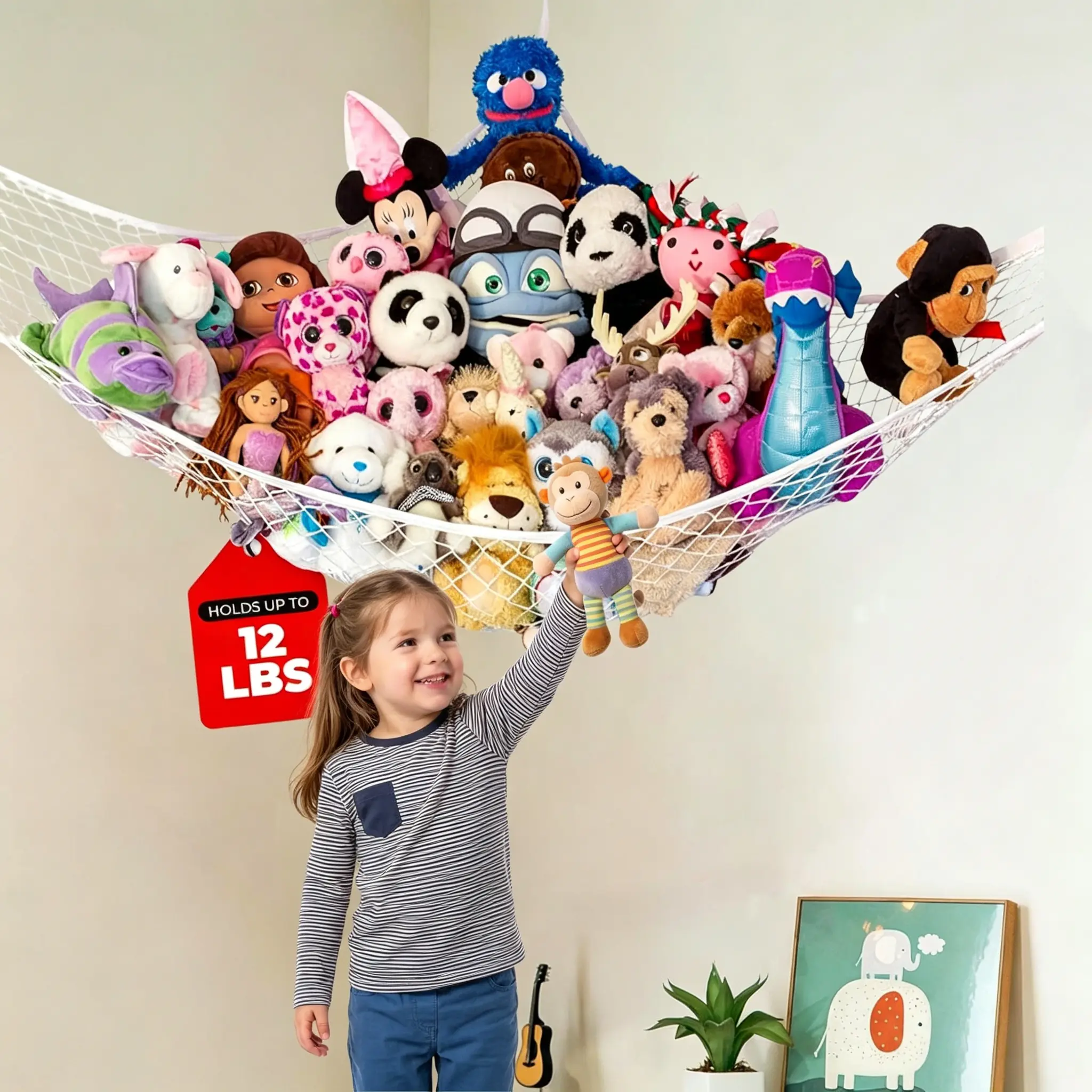 Large White Corner Stuffed Animal Hammock - Wall-Mount Home Organizer for Kids Room, 12lbs Load Capacity, Easy Installation with Full Hardware, 67"x47"x47"