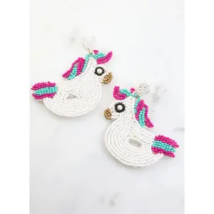 Women's Bling Barn White Beaded Drop Earrings - Unicorn Pool Float Design, Confidence-Boosting Daily Female Fashion Accessory, Note: Beads Pose Choking Hazard as a Small Ball