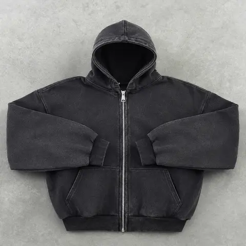 Men's Casual Stylish Long Sleeve Plain Hooded Sweatshirt - Unisex Vintage Washed Oversized Full-Zip Drop Shoulder Streetwear with Front Pockets, Ribbed Cuffs