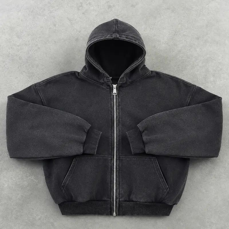 Men's Casual Stylish Long Sleeve Plain Hooded Sweatshirt - Unisex Vintage Washed Oversized Full-Zip Drop Shoulder Streetwear with Front Pockets, Ribbed Cuffs