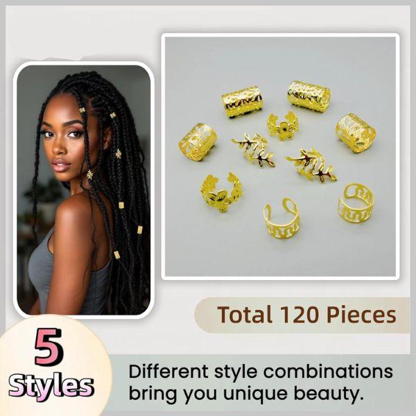120 Pcs Gold Hair Jewelry Kit for Braids, Dreadlocks – 5 Styles Hair Rings, Cuffs & Clips, Braid Accessories for Black Women, Hair Decorations for Box Braids