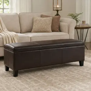 ARCH Upholstered PU Leather Storage Ottoman Bench with Solid Wood Legs, Brown Faux Leather Footstool with Hidden Storage, 50.87" Long Rectangular Ottoman for Living Room, Entryway, Bedroom, Seat or Coffee Table, Brown Color Options