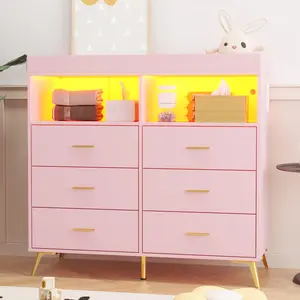 Pink Dresser for Bedroom with 6 Drawers, Baby Changing Table Dresser with Changing Pad, LED Lights & Charging Station, Baby Changing Station with Changing Table Top