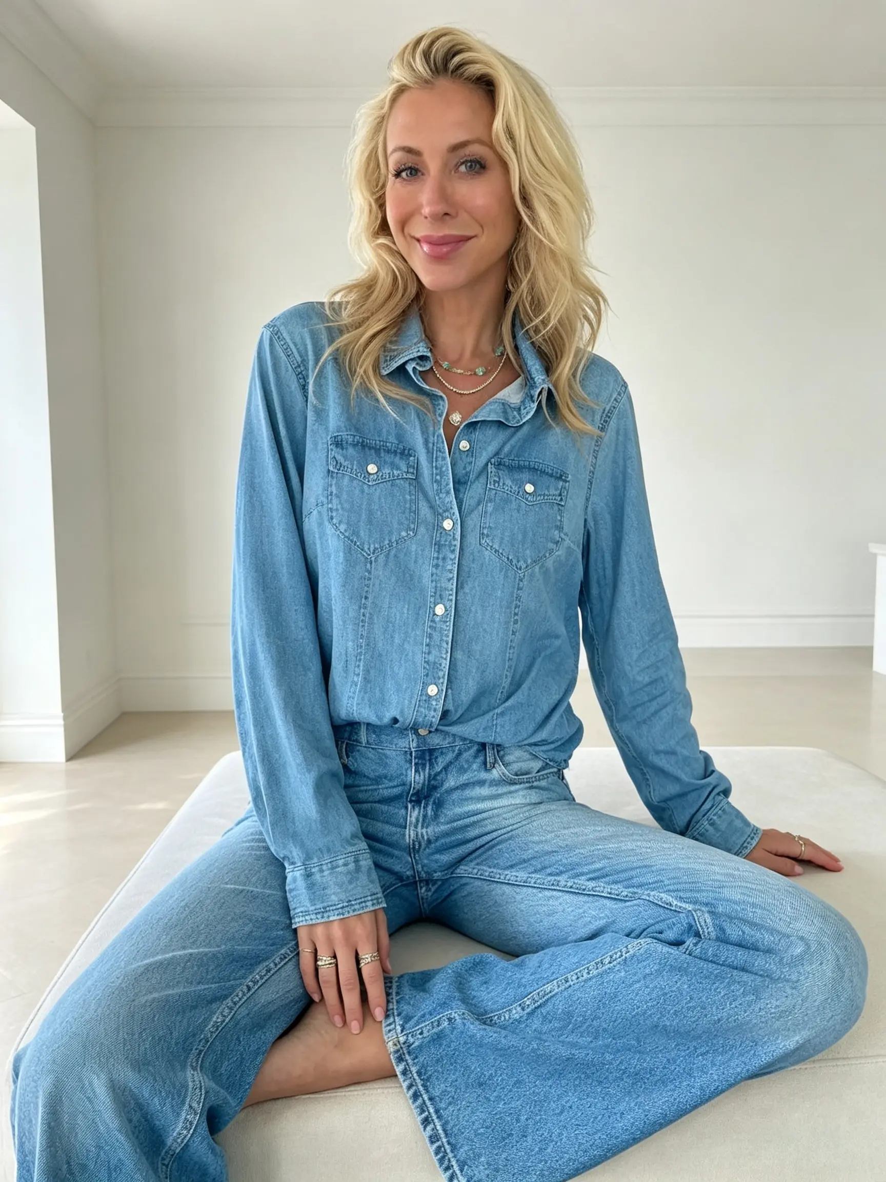 Women's 2-Piece Denim Look Pajama Set - Longsleeves Top & Pants, Comfy and Cozy Nightwear, Cute Pajamas, Soft Loungewear
