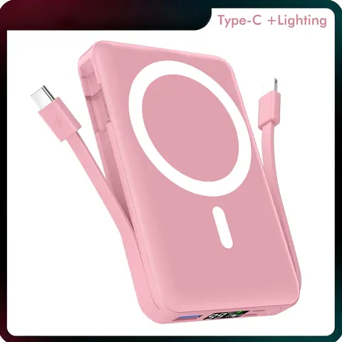 Podoru 10000mAh Silicone Portable Powerbank - Compact Magnetic Fast Charging, LED Display, Dual USB-C & Lightning Cables, USB Output, Protection, Emergency Power for iPhone 12-18 Series, Smartphone Mobile Device Accessories, Back-to-School Essential