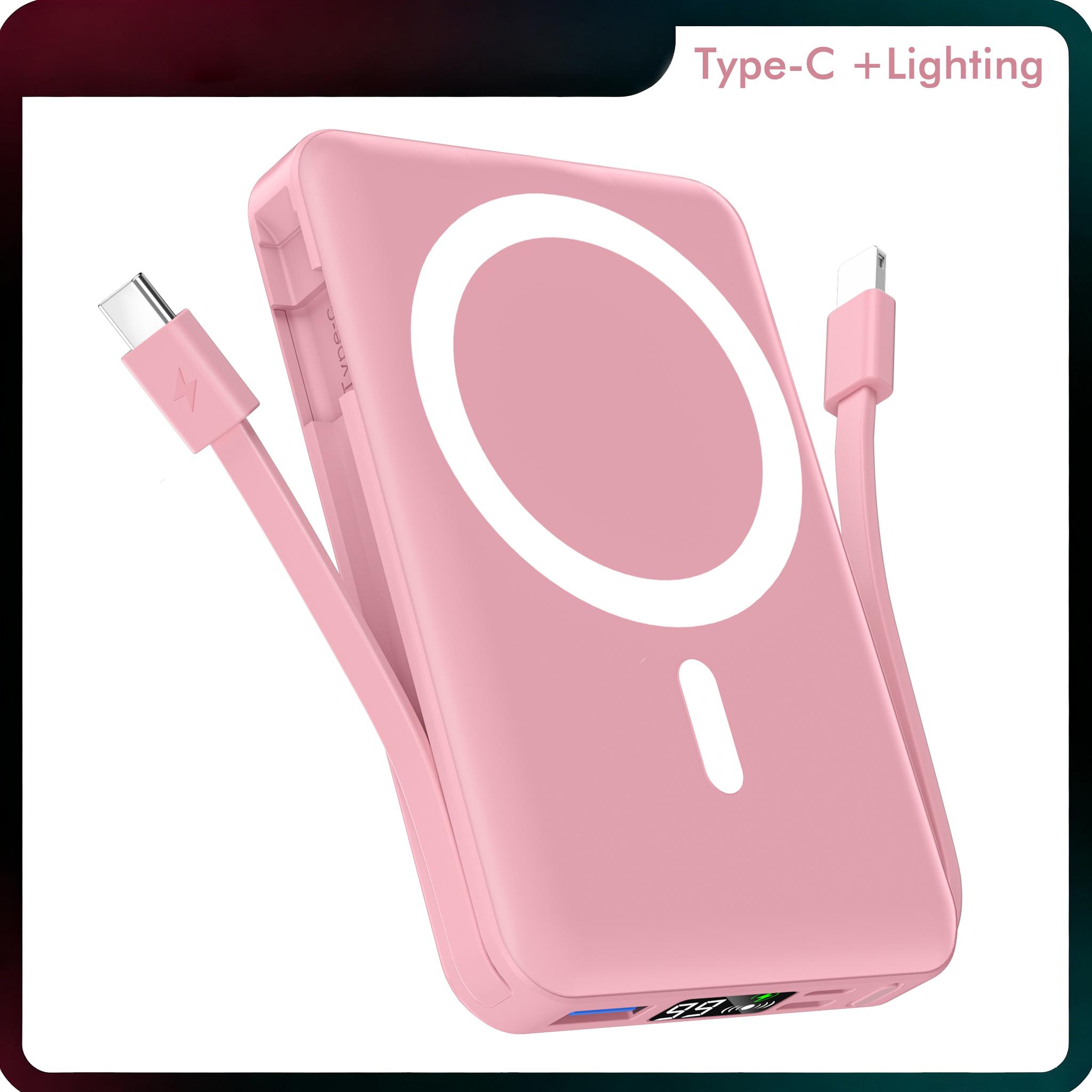 podoru 10000mAh Magnetic Power Bank for MagSafe, Wireless Charger with LED Display, Dual USB-C & Lightning Cables, USB O