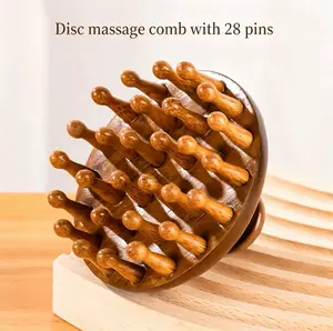Golden Rosewood Round Disc 28-Tooth Scalp Massage Comb, Hand-Carved, Full-Body Meridian Comb, Head Therapy, Relieves Head and Shoulder Pain, Soothes and Refreshes, Relieves Insomnia Mother's Day Gift