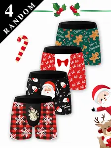 4 Random Pcs | Santa - printed Men's Long Boxer Briefs |Comfy Stretch Boxers | Snowman - printed Sports Pants | Beach/Pool Swim Trunks | Men's Novelty Underwear | Christmas Gift | Men's Christmas Underwear Set | Loungewear/Christmas | Print Boxershorts
