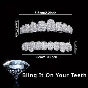 2pcs/ Set Blingbling Hip Hop Cubic Zirconia Teeth Grills 20 Teeth Top Bottom Grills Dental Mouth Punk Tooth Caps Cosplay Rapper Jewelry Oral