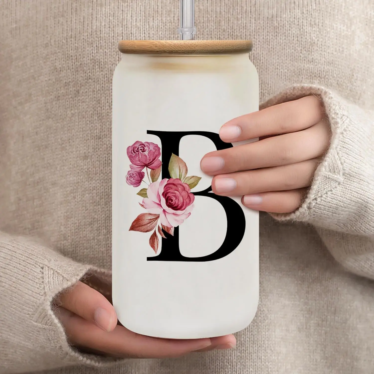 Flower & Letter Pattern Glass Cup, 16oz Glass Water Cup with Straw & Bamboo Lid, Juice Cup for Home Office Use, Summer for Gift