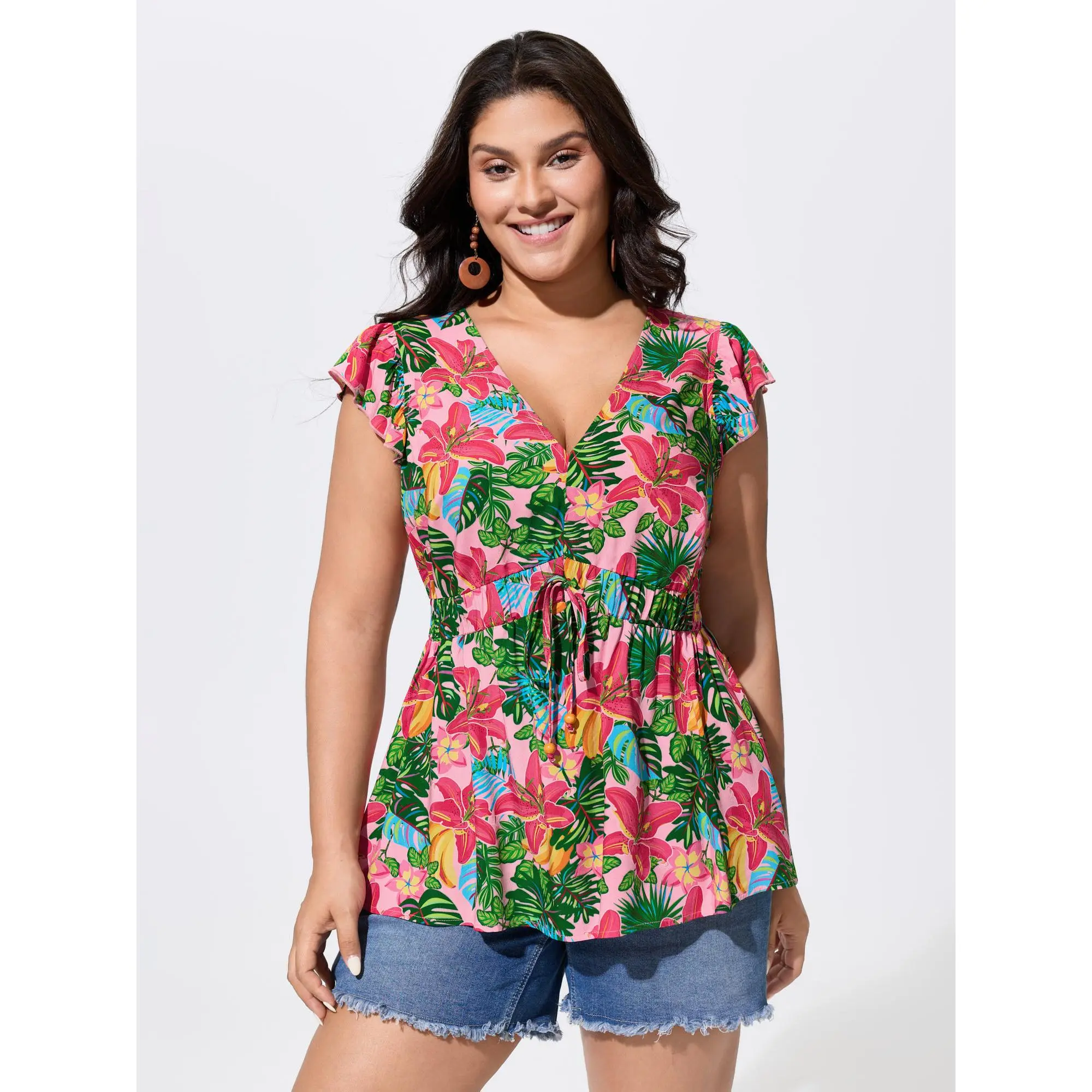 BLOOMCHIC Women's Plus Size Vibrant Floral Print Cinched-Waist Rayon Blouse - Ruffle Sleeve, Colorful Style, Regular Length, Smooth Fabric, 2026 Spotlight, Summer Fit, M-6X Sizes, Confidence in Every Curve, Limited-Time Deals