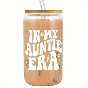 Cute Aunt Gift Iced Coffee Cup, 16 Oz Jar Shaped Glass Tumbler with Lid and Straw, Perfect for Christmas Birthday Gifts From Niece or Nephew