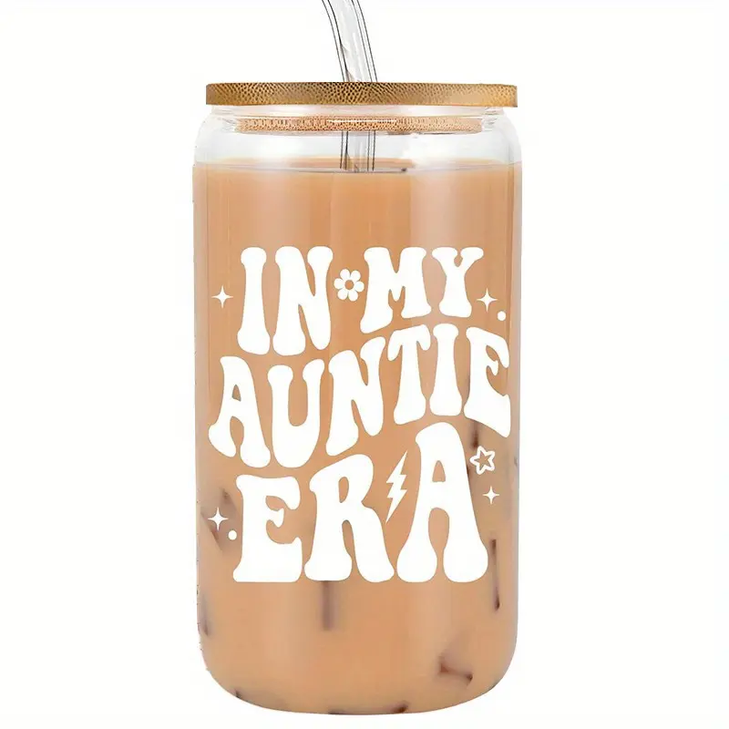Cute Aunt Gift Iced Coffee Cup, 16 Oz Jar Shaped Glass Tumbler with Lid and Straw, Perfect for Christmas Birthday Gifts From Niece or Nephew, Stylish Glass Beverage Cups, Drinking Glassware