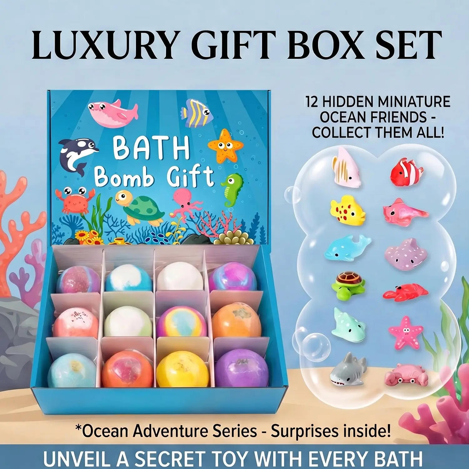 Rainbow bath bomb set, scented bath bombs, bath bombs for bathtub use, Ocean series bath bomb blind box, contains a random small toy, Bath bomb with surprise inside, bath bomb gift, stress-relieving, gifts