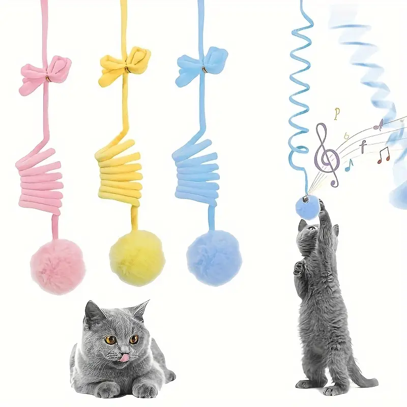 3pcs Whimsical Pom Pom Interactive Plush Toy - Funny Hanging Spring Ball for Endless Entertainment and Exercise - Perfect for Feline Friends
