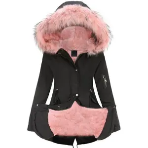 Women's Zip Up Furry Hoodie Parka Long Sleeve Drawstring Waist Faux Fur Lined Fall Winter Jacket Warm Outerwear Cozy Street Style