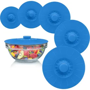 Bowl Lids Blue Set of 5 Reusable Suction Seal Covers for Bowls, Pots, Cups.Food Safe.Natural grip, interlocking handles for easy use and storage. Containers Handy
