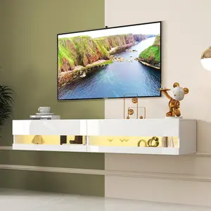 Floating TV Stand Wall Mounted with 20 Color LEDs and Charging Station for 60 65 70 75 80 Inch TV, Floating Entertainment Center with Shelves, Floating TV Cabinet TV Shelf TV Console (White)