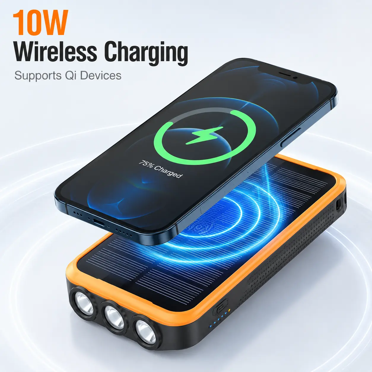 43800mAh Solar Charger Power Bank - Built-in 2 Output Cables, QC3.0 Fast Charge, 10W Qi Wireless Charging & 680Lumen Flashlight​