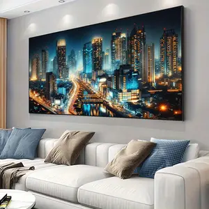 1 piece framed canvas painting - modern cityscape canvas art - blue and orange vibrant cityscape painting, stylish and modern design, suitable for living room, bedroom, office decoration
