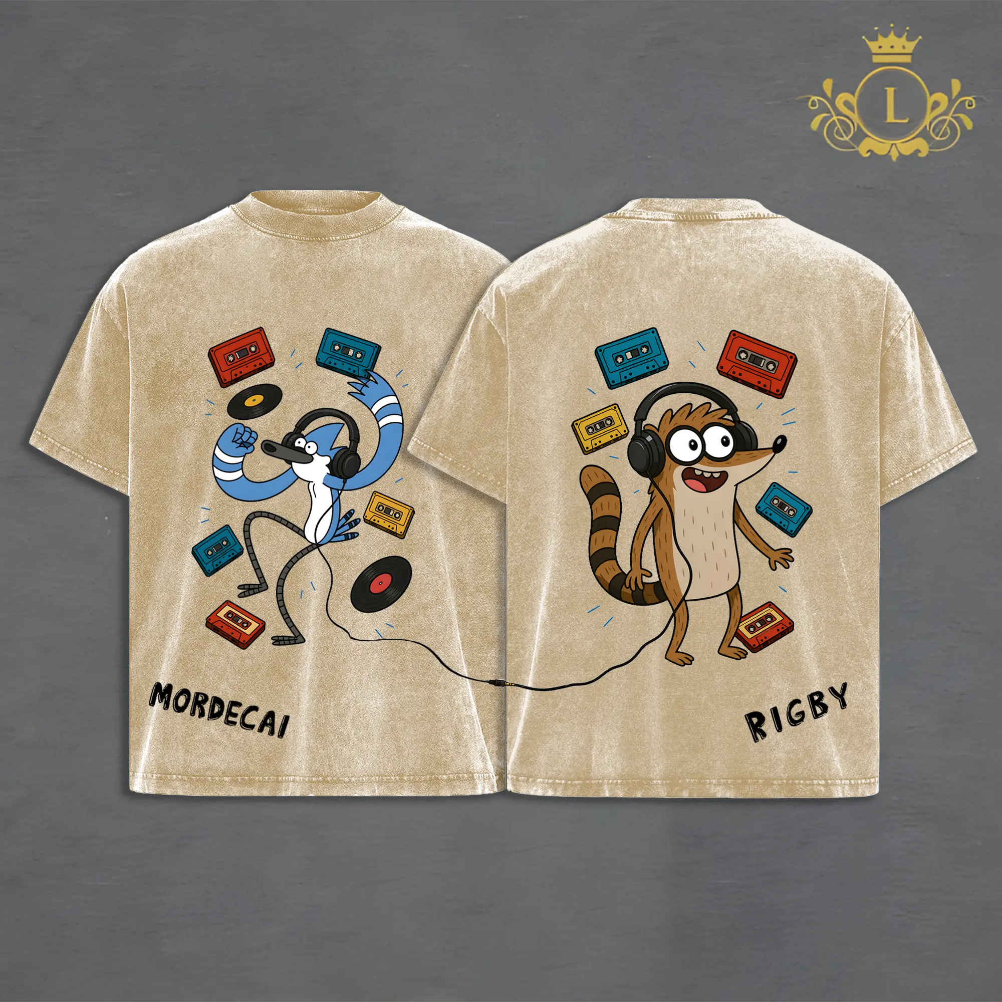 Regular Show Mordecai and Rigby Music Party Washed T-Shirt, Cartoon DJ Headphone Graphic Tee, Retro Cassette Streetwear Shirt, Heavy Cotton Oversized Unisex Top