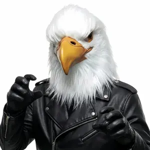 Adult eagle mask, realistic latex full head animal/bird mask, simulated bald eagle full head latex mask, fluffy pure white feathers, bright yellow 3D eagle beak, realistic amber eyes. Suitable for Halloween, short video shooting, role-playing party props